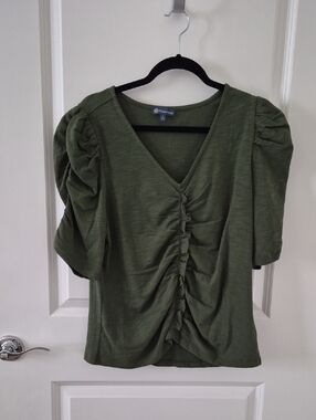 Democracy Green Ruched Front Puff Sleeve Top